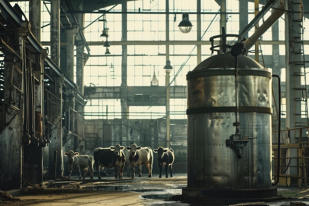 写真 酪農場の牛と一緒にハンガーに置かれた大きな金属製のミルク