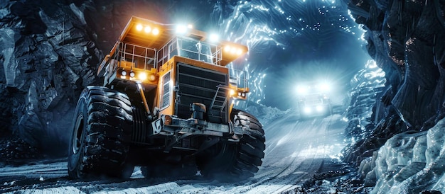 large mining trucks operate in an illuminated underground mine highlighting industrial strength and efficiency