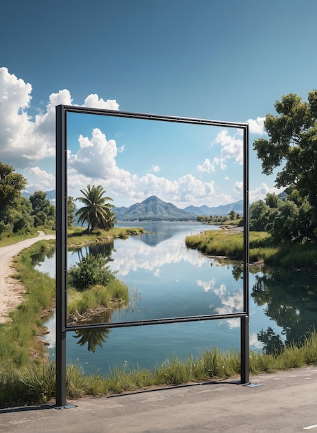 a large mirror reflecting the landscape