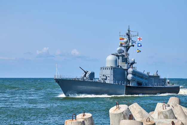 Large missile boat during naval exercises and parade guided missile destroyer by russian navy