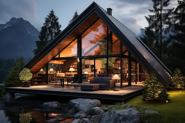 큰 창문과 함께 큰 현대적인 오두막 레트 풍경 디자인 나무 자연 돌 산 배경