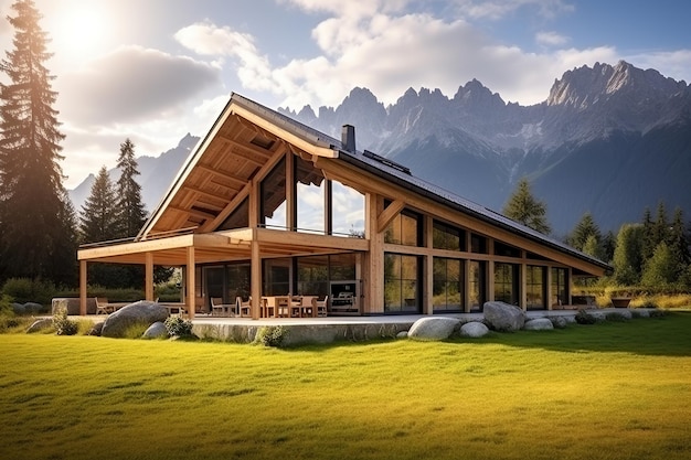 Foto grande cottage moderno con grandi finestre paesaggio design alberi pietra naturale luce solare fondo di montagna