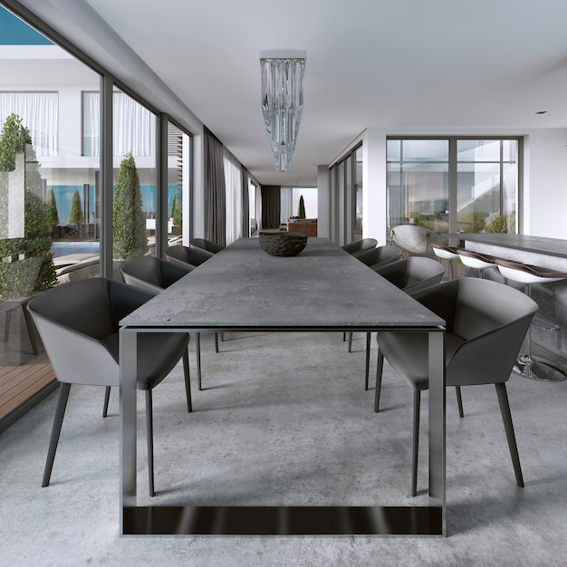 Large modern dining table in contemporary kitchen. 3D rendering