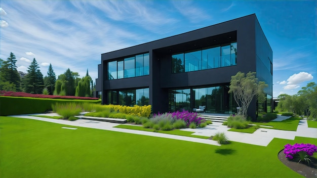 A large modern home with a large balcony and a large lawn