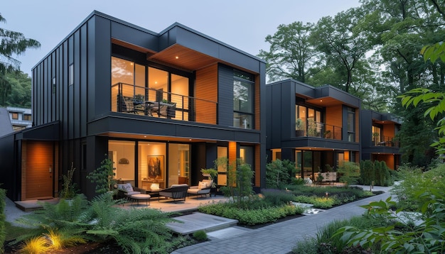 A large modern house with a lot of glass windows and a black roof by ai generated image