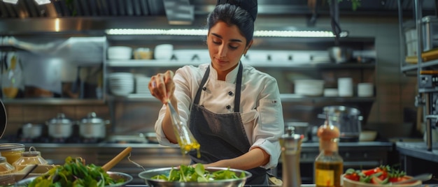 In a large modern kitchen a female cook prepares salad and adds oil