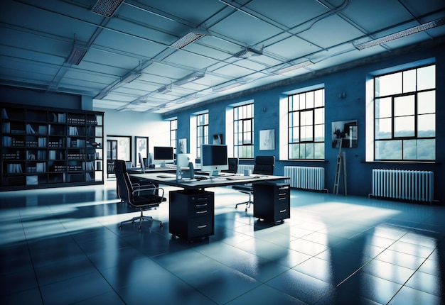 A large modern office has a long and clean desk