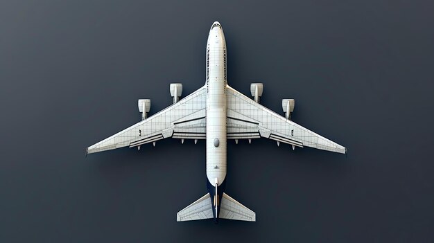 A large modern passenger airliner with four engines The plane is seen from above and its wings are spread out