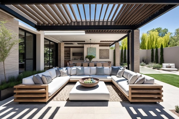 Large modern patio in four segments with comfortable outdoor sofas created with generative ai