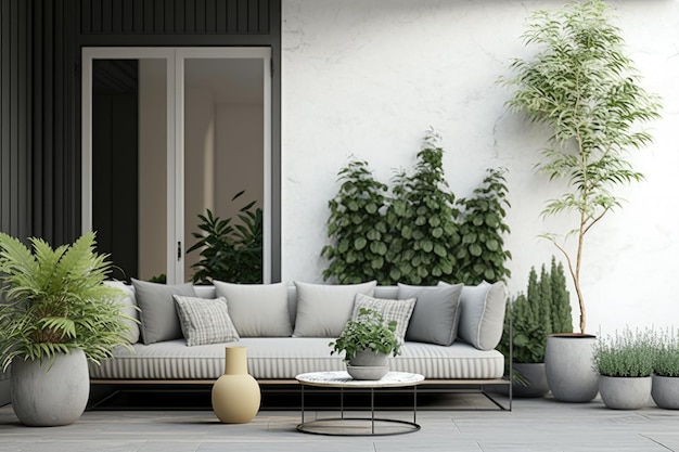 Large modern patio with light gray stylish sofa and plants created with generative ai