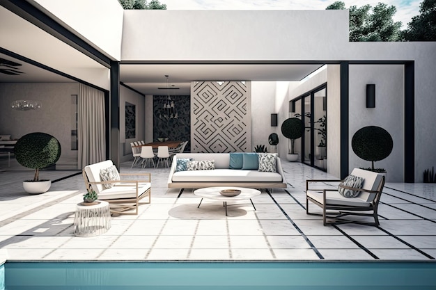 Large modern patio with swimming pool and integrated designer furniture created with generative ai