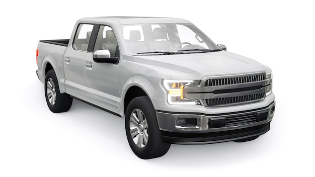 A large modern pickup truck with a double cab, glowing headlights on a white uniform background. 3d rendering.