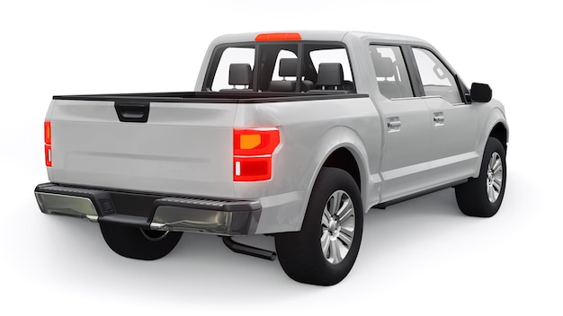 A large modern pickup truck with a double cab, glowing headlights on a white uniform background. 3d rendering.