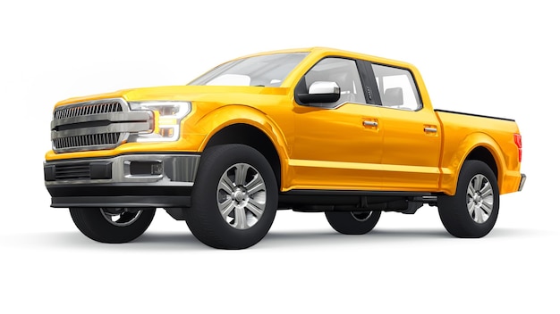 A large modern pickup truck with a double cab, glowing headlights on a white uniform background. 3d rendering.