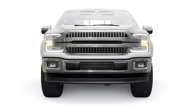 A large modern pickup truck with a double cab, glowing headlights on a white uniform background. 3d rendering.