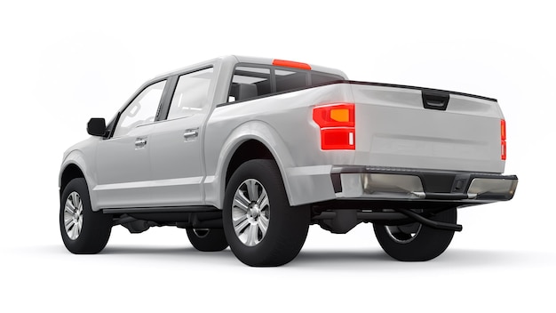 A large modern pickup truck with a double cab, glowing headlights on a white uniform background. 3d rendering.