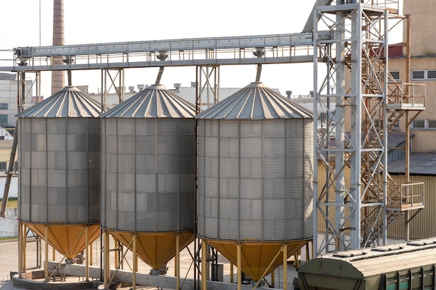 A large modern plant for the storage and processing of grain\
crops view of the granary on a sunny day barrels closeup end of\
harvest season strategic grain reserve in the city center