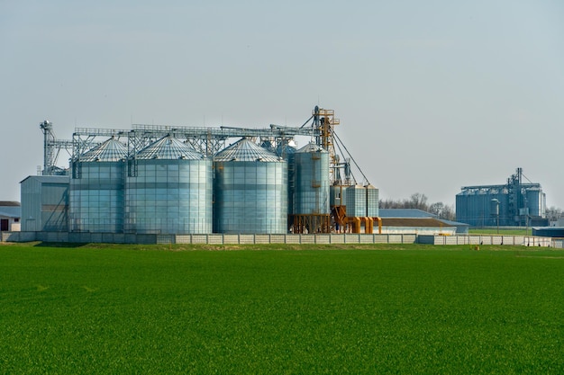 A large modern plant for the storage and processing of grain\
crops view of the granary on a sunny day large iron barrels of\
grain silver silos on agro manufacturing plant for processing and\
drying