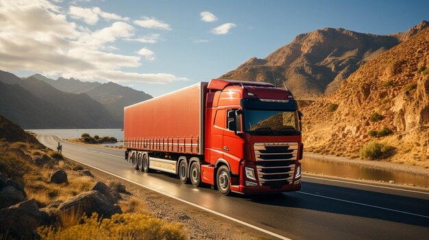 A large modern semi truck with a trailer on the highway