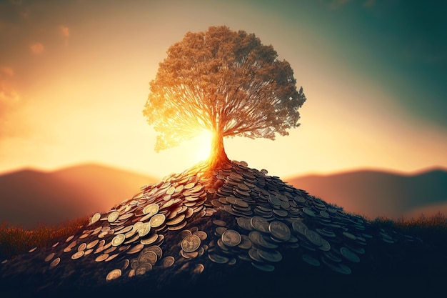 Large money tree on mountain of coins against background of rising sun