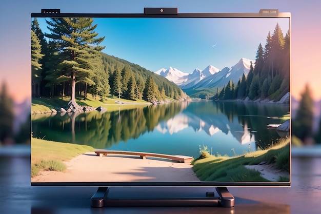 A large monitor with a landscape on the screen.