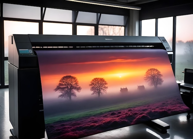 a large monitor with a sunset on the screen