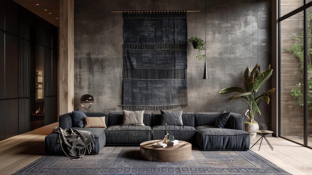 A large monochrome wall hanging in shades of navy blue and charcoal gray is the perfect finishing