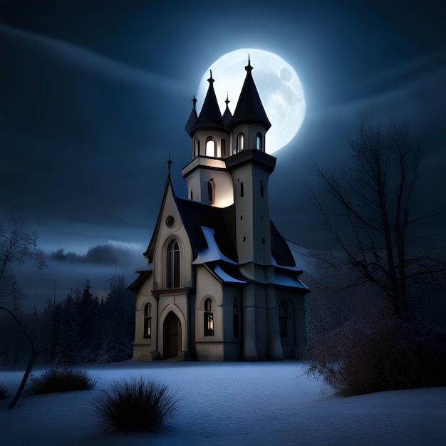 A large moon is behind a church in a snowy landscape.