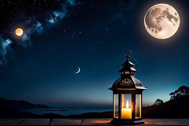 a large moon is behind a lantern and a large moon