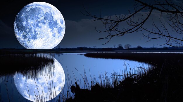 A large moon is reflected in the water of a lake