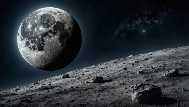 A large moon is rising over a rocky lunar landscape