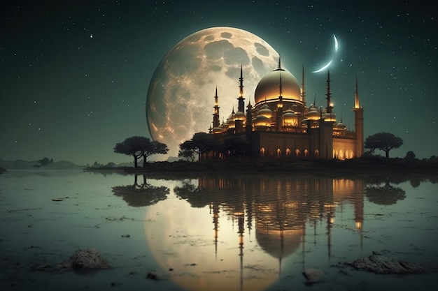 A large moon and a mosque with a full moon