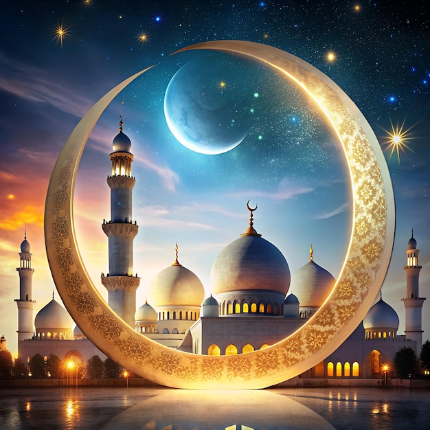a large moon with a gold moon and a mosque in the background
