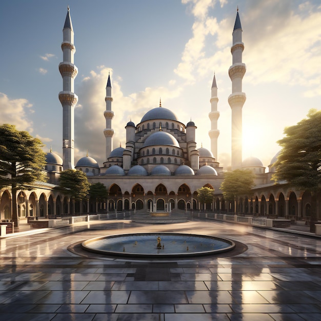 a large mosque and mosque courtyard