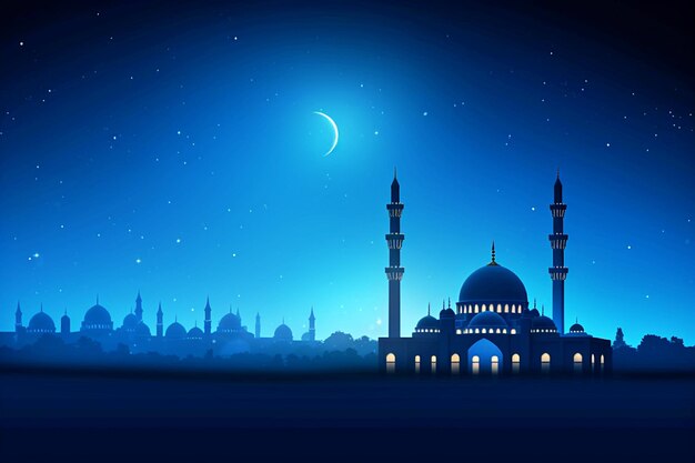 Большая мечеть с силуэтом на фоне голубой полной луны ночью Идея Рамадана
