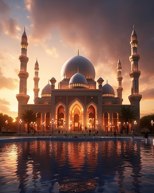 A large mosque with a blue dome and a cloudy sky