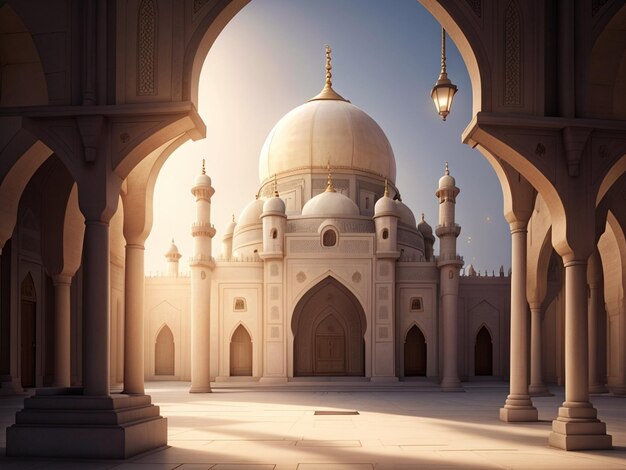 A large mosque with a blue sky and the words the name on the top