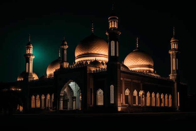 A large mosque with a gold dome and a clock on the top.