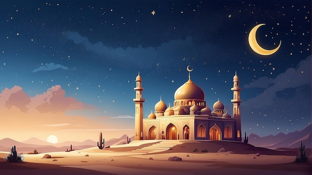 A large mosque with a golden dome and tall minarets in the desert at night with a crescent moon in t