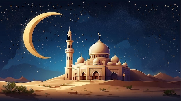 A large mosque with a golden dome and tall minarets in the desert at night with a crescent moon in t