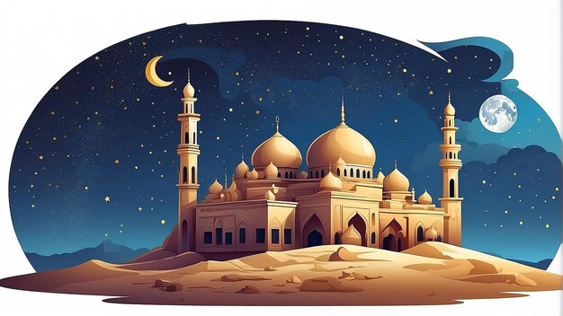 Photo a large mosque with a golden dome and tall minarets in the desert at night with a crescent moon in t