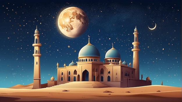 A large mosque with a golden dome and tall minarets in the desert at night with a crescent moon in t
