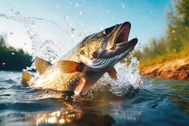 Photo a large mouth bass jumps gracefully out of the water its scales glinting in the sunlight as it defies gravity