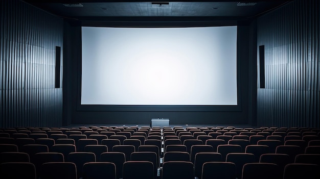 A large movie theater with a screen that says " no one is sitting in it. "