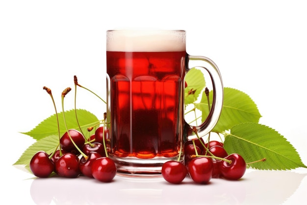 Large mug of cherry beer with cherry berries and green leaves on white background