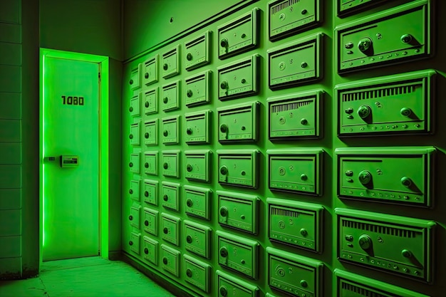 Large multistorey safe deposit box on wall in bright neon green created with generative ai