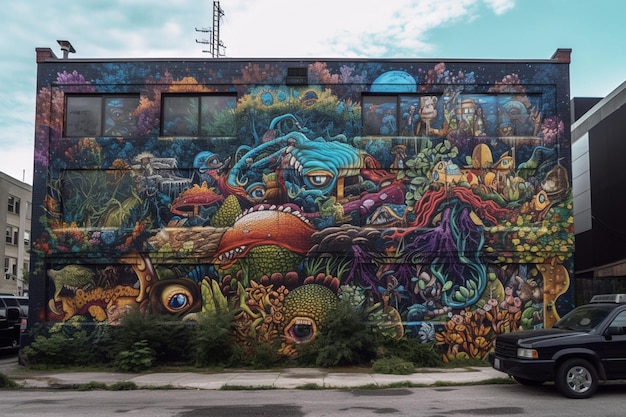 A large mural of octopus and sea creatures is on the side of a building