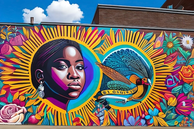 A large mural of a woman with a bird on her head and the word