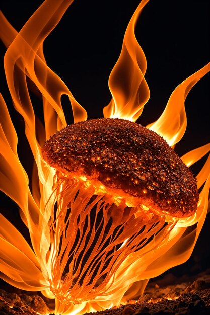 A large mushroom is burning in flames