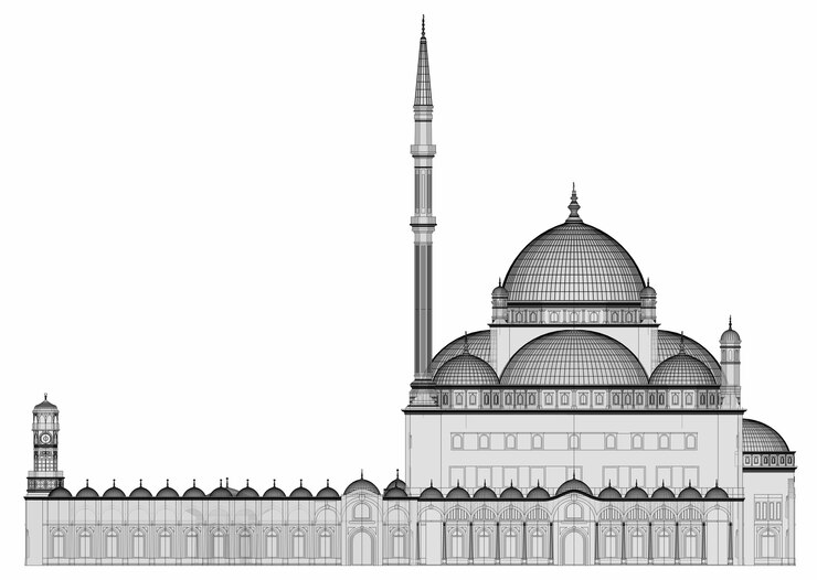 Photo 大きなイスラム教徒のモスク、建設の詳細を強調する等高線を備えた3次元ラスターイラスト。建物には透明な壁があります。 3dレンダリング。